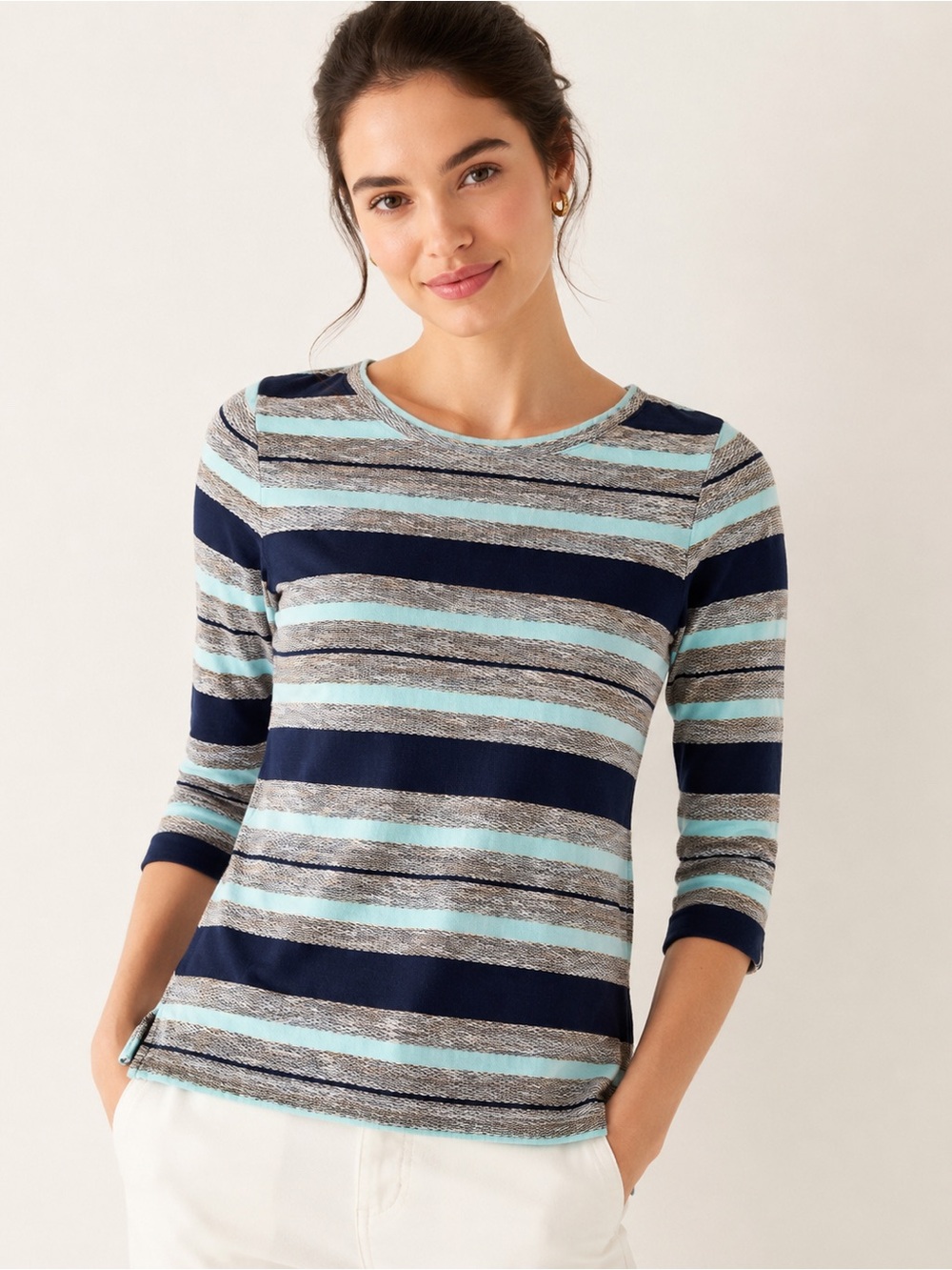 J. Crew Top Reverse Jacquard Stripe Popover Small Navy Teal